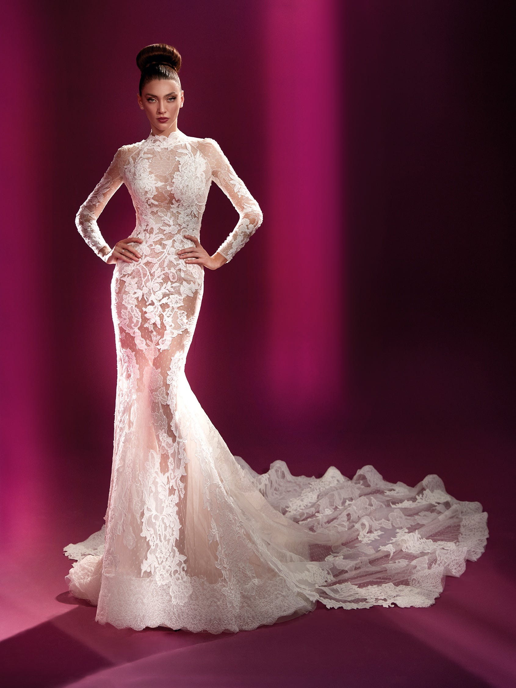 Long Sleeved High Neck Illusion Lace Sheath Wedding Dress With Slit |  Kleinfeld Bridal